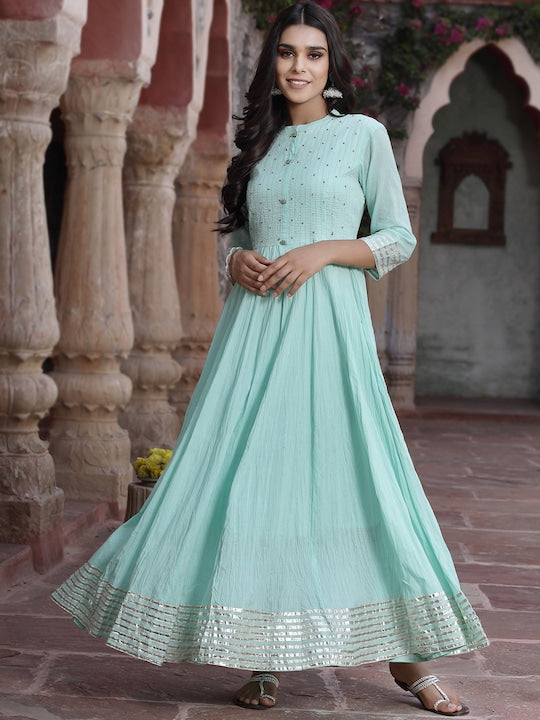 Juniper Women Blue Solid Cotton Flared Kurta