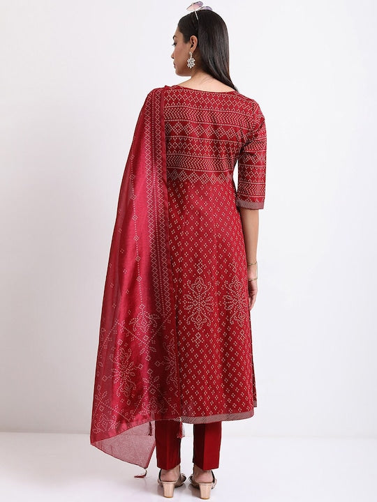 Vishudh Maroon Ethnic Motifs Printed Regular Kurta with Trousers & With Dupatta
