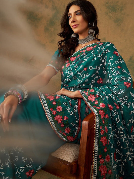 Sangria Green & White Floral Embroidered Organza Saree