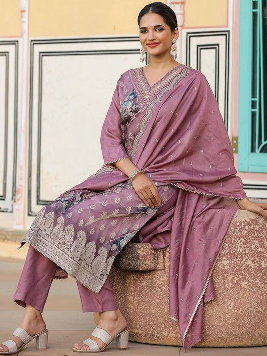 Scakhi Floral Printed Regular Thread Work Pure Silk Kurta with Trousers & With Dupatta