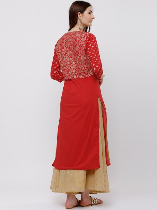 Vishudh Red Foil Print Cotton Straight Kurta With Crop Jacket