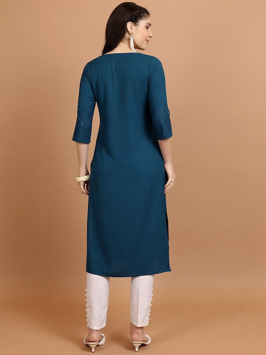 Vishudh Navy Blue Sequinned Embellished Straight Kurta