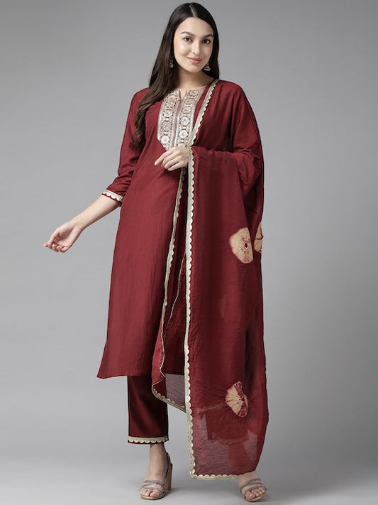 Yufta Women Embroidered Sequinned Kurta with Trousers & Dupatta