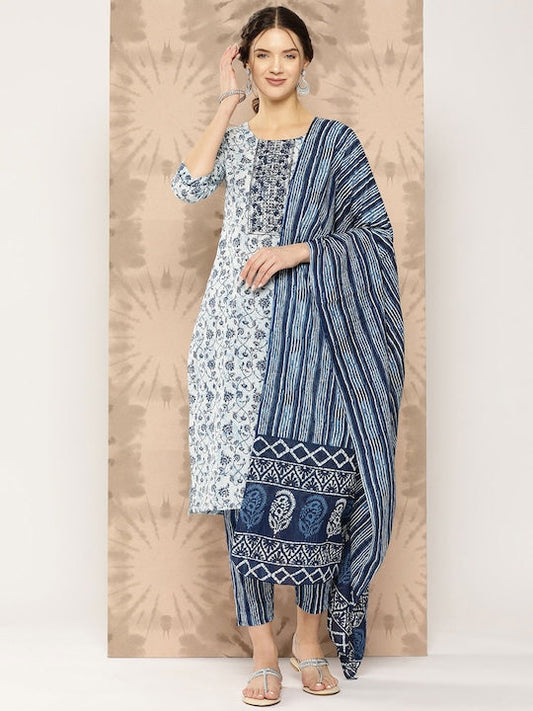 Yufta Floral Printed Regular Pure Cotton Kurta with Trousers & With Dupatta - XL