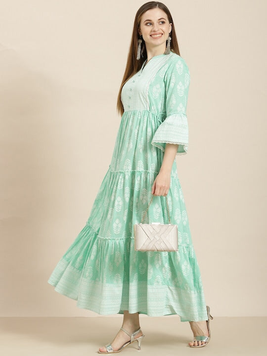 Juniper Women Mint Green Ethnic Motifs Printed Bell Sleeves Anarkali Kurta