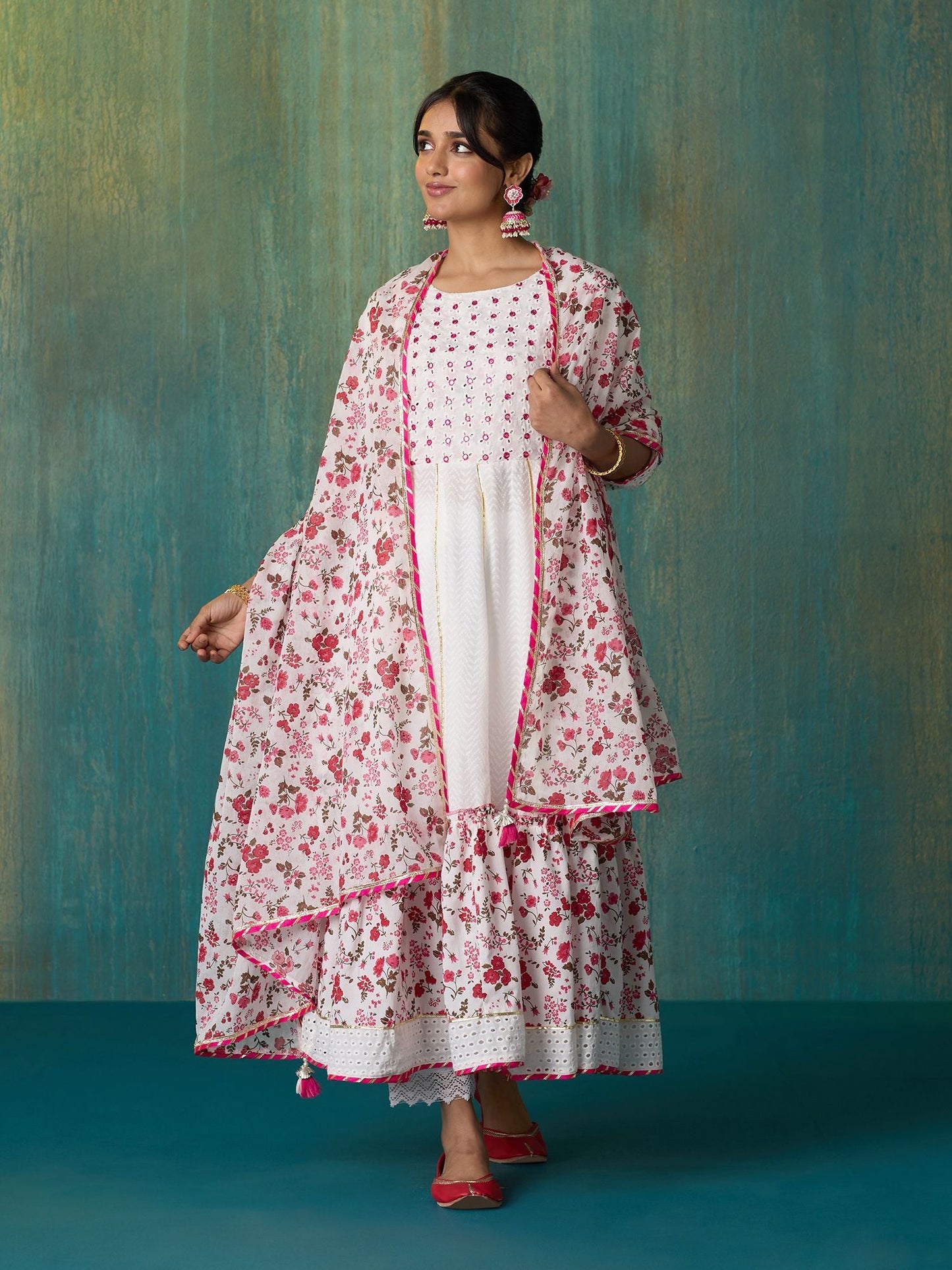 Likha White Schiffli Mirror Work Anarkali Set & Dupatta LIKSKD166 (Set of 3)