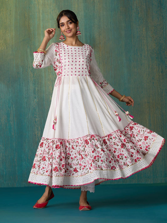 Likha White Schiffli Mirror Work Anarkali Set & Dupatta LIKSKD166 (Set of 3)