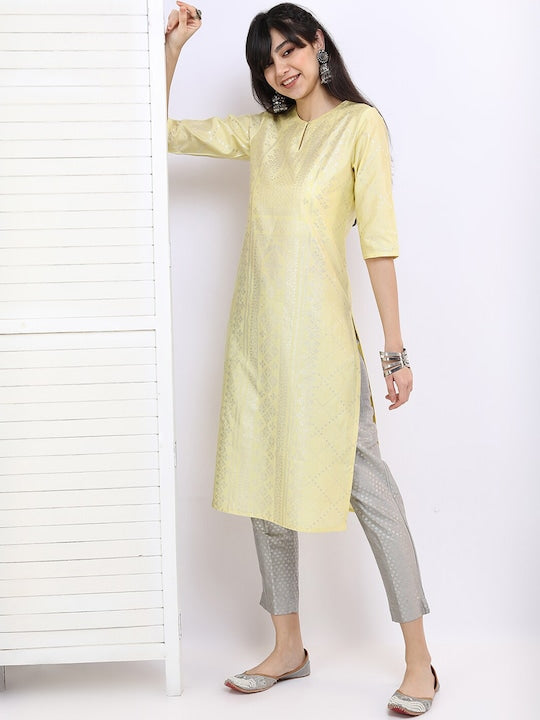Vishudh Women Yellow & Silver-Toned Printed Keyhole Neck Straight Kurta