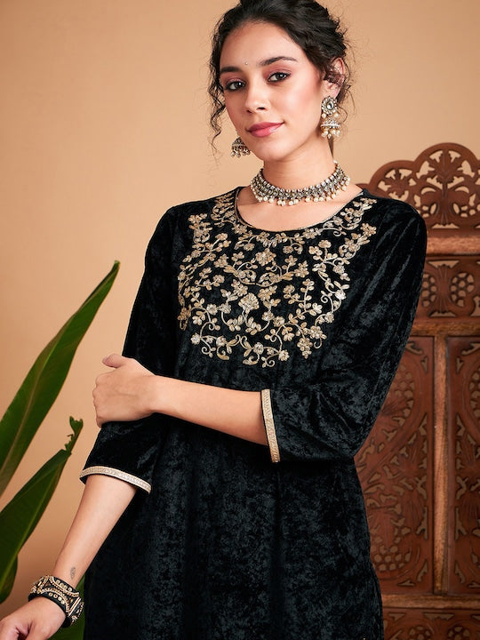 Shae by Sassafras Black Floral Yoke Design Thread Work Detail Velvet Straight Kurta