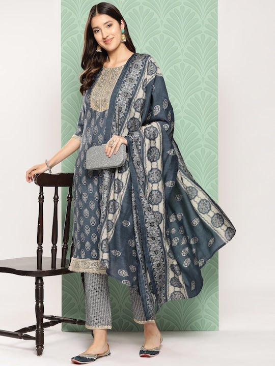 Yufta Women Ethnic Motifs Yoke Design Regular Chanderi Silk Kurta with Trousers & Dupatta