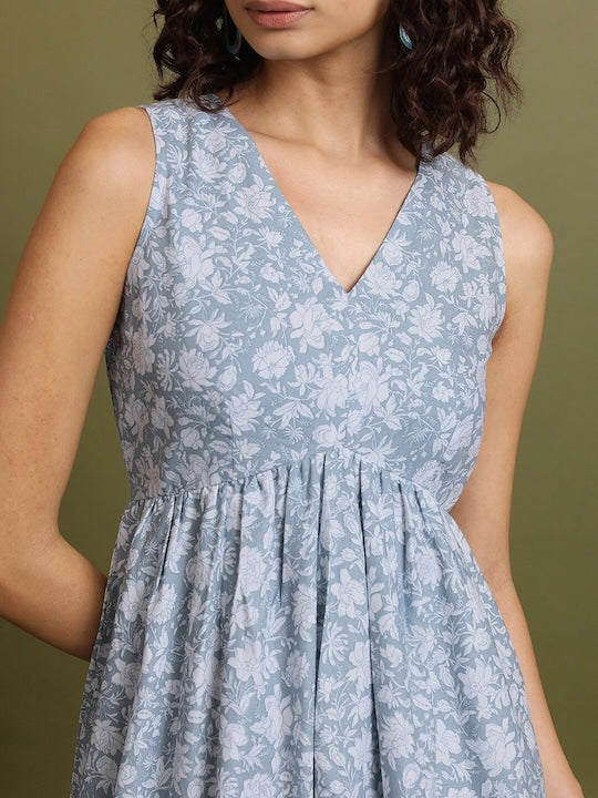 Vishudh Blue Floral Printed Empire Dress