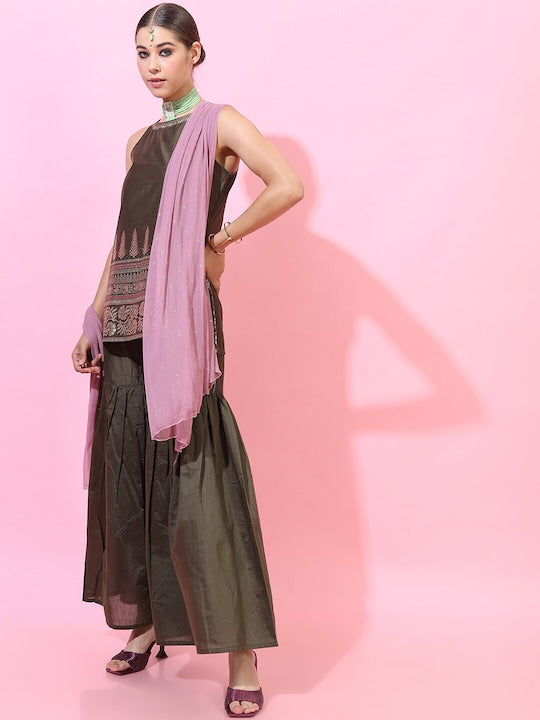 Vishudh Women Green Kurti with Sharara & With Dupatta