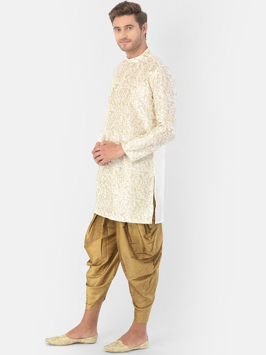 Deyann Men Off White & Gold-Toned Ethnic Motifs Printed Kurta