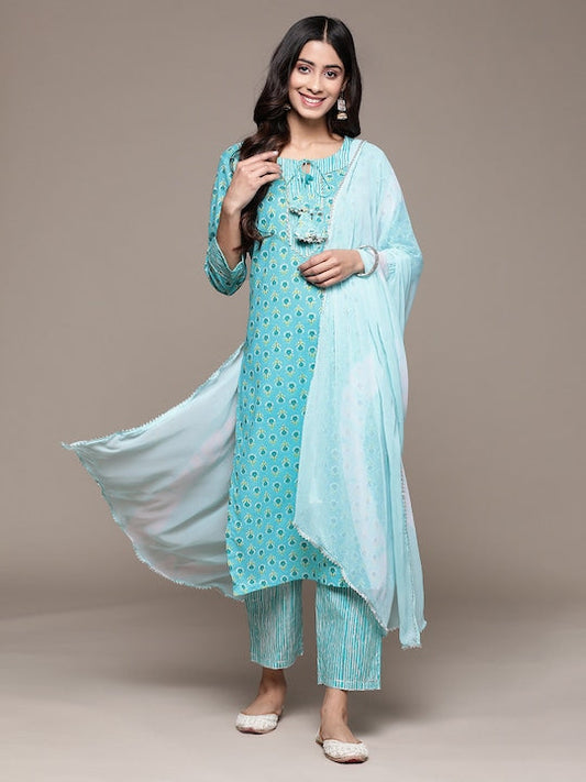 Anubhutee Women Floral Printed Gotta Patti Pure Cotton Kurta With Trousers & Dupatta