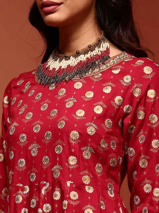 IMARA Ethnic Motifs Printed Thread Work Detailed Anarkali Kurta & Trousers With Dupatta