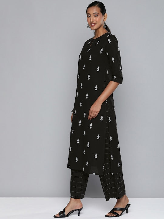 Vishudh Women Black Ethnic Motifs Embroidered Cotton Kurta with Palazzos & With Dupatta
