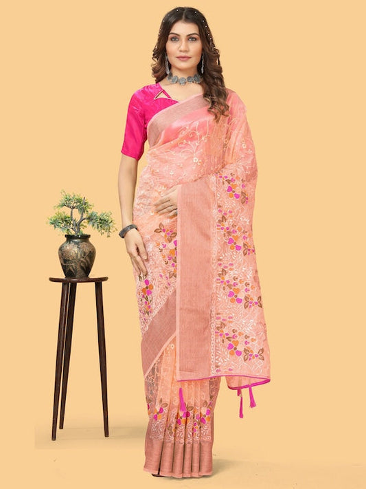 Sangria Peach-Coloured & Purple Floral Embroidered Zari Organza Bagh Sarees