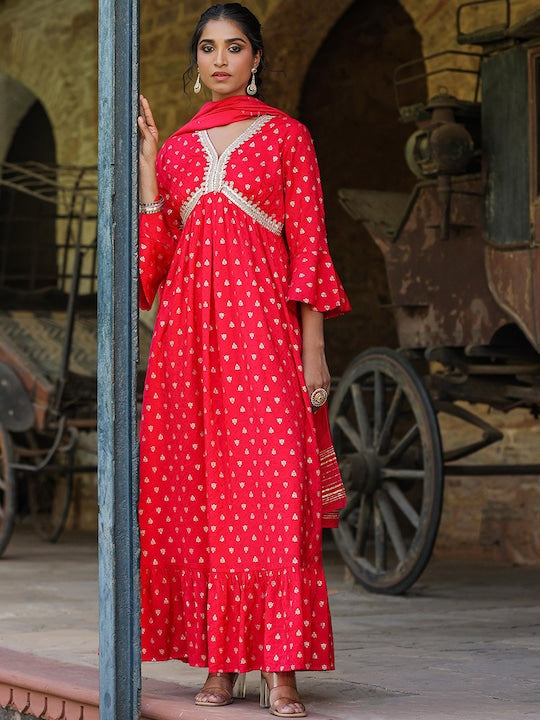 Scakhi Embellished V-Neck Cotton Jacquard Empire Maxi Ethnic Dress With Dupatta