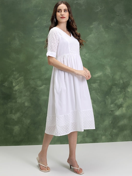 Vishudh Floral Embroidered V-Neck Cuffed Sleeves Gathered Detail A-Line Dress