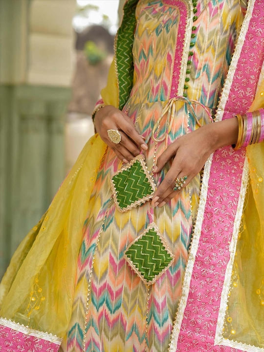 Scakhi Chevron Printed Angrakha Gotta Patti Kurta with Trousers & Dupatta