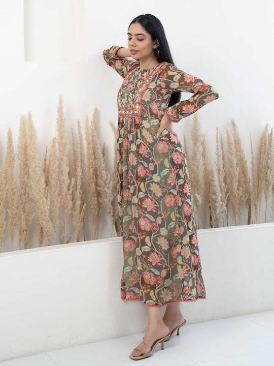 Myshka Floral Printed Lace Inserts Georgette Fit & Flare Ethnic Dress