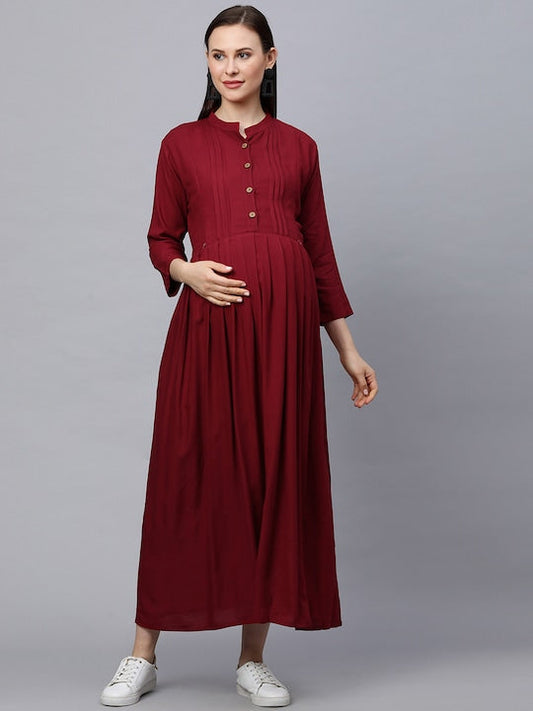 MomToBe Women Maroon Solid Maternity Nursing Dress
