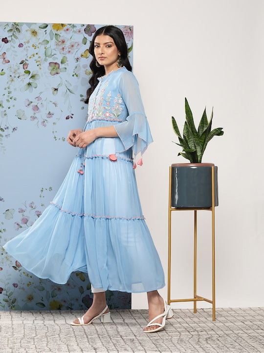 Juniper Floral Embroidered Tiered Front Slit A-Line Kurta with Tie-Up Detail