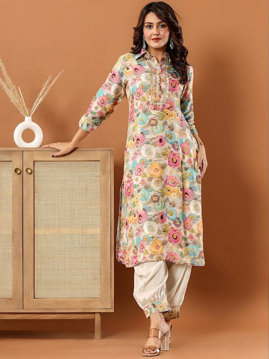 Vishudh Beige Floral Printed Regular Sequinned Kurta with Salwar