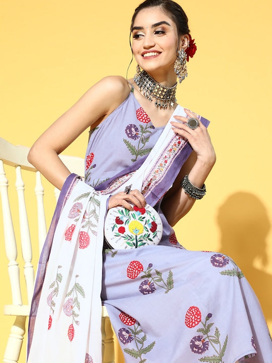 Yufta Women Blue & White Floral Handblock Printed Empire Cotton Kurta Set & Dupatta
