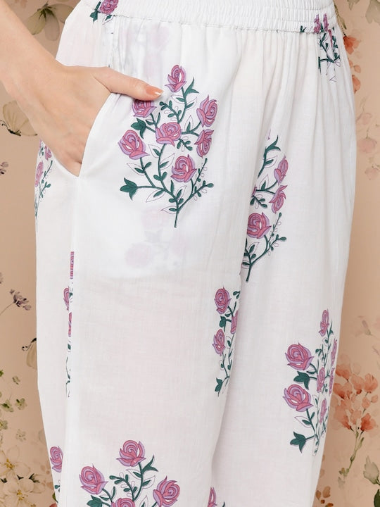 Yufta Women Floral Printed Pure Cotton Kurta with Trousers & With Dupatta
