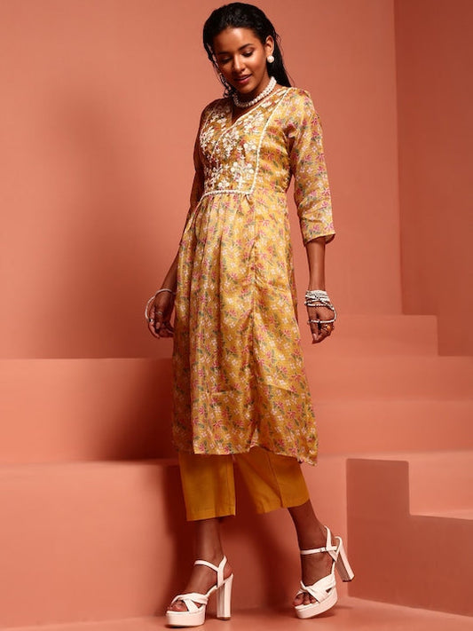 IMARA Floral Printed V-Neck Thread Work Kurta with Trousers