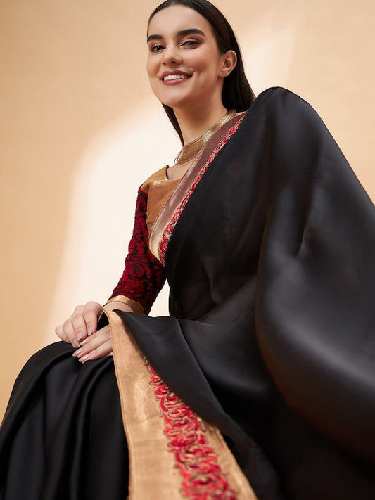 All about you Black & Gold-Toned Beads and Stones Satin Saree