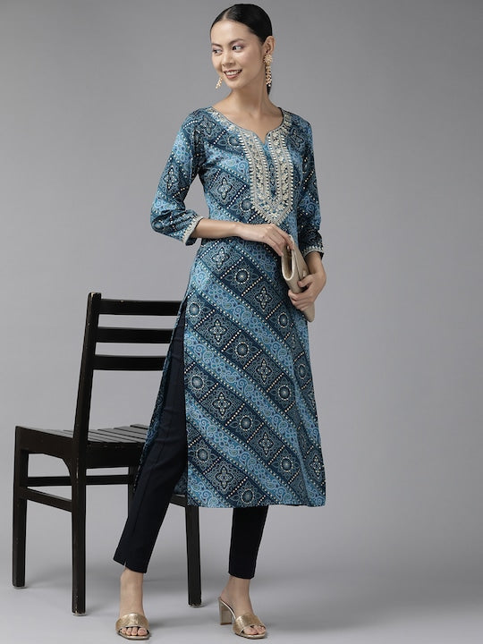 Yufta Women Blue Bandhani Printed Gotta Patti Kurta
