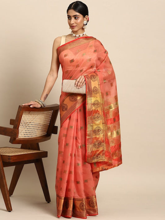 Silk Land Pink & Gold-Toned Zari Banarasi Saree