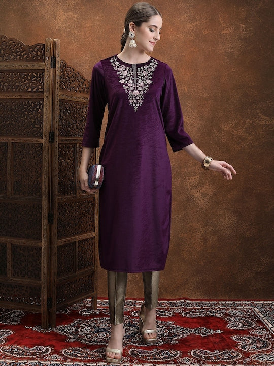 Vishudh Magenta Floral Yoke Design Embroidered Straight Kurta