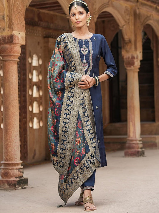 Scakhi Ethnic Motifs Embroidered Zari Jacquard Straight Kurta With Trousers & Dupatta