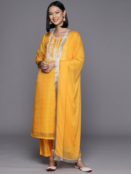 Varanga Bandhani Printed & Zari Detail Regular Kurta with Trousers & With Dupatta