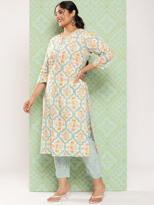 Yufta Plus Size Floral Printed Kantha Work Pure Cotton Kurta with Trousers & Dupatta