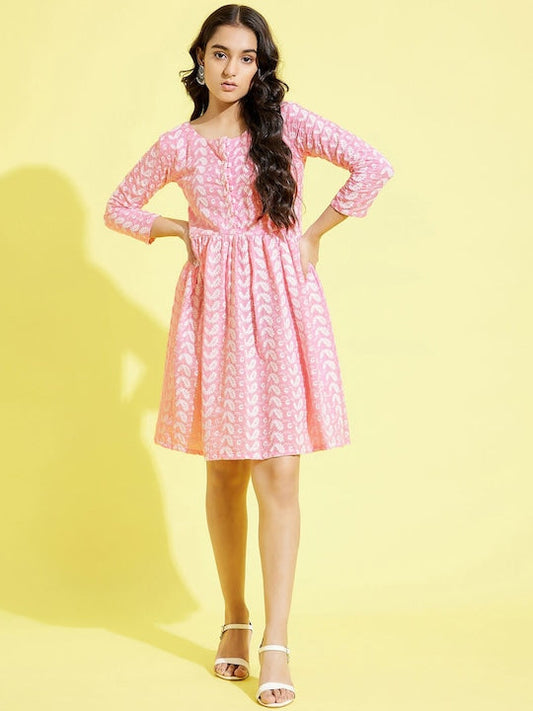 Vastramay Yuva Girls Pink & White Chikankari Pure Cotton Knee Length Ethnic Dress