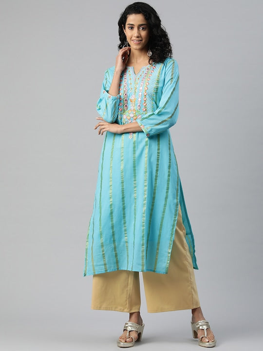 Readiprint Fashions Striped Embroidered Thread Work Pure Cotton Kurta