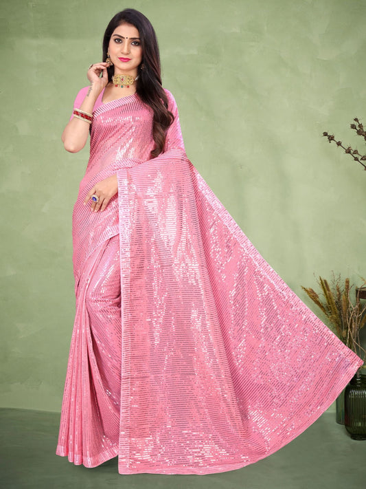 Odette Sparkling Pink Sequins Saree with Unstitched Blouse
