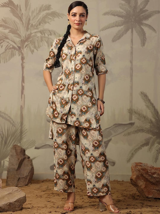 SCAKHI Floral Printed Shirt Collar High Low Kurta & Palazzos