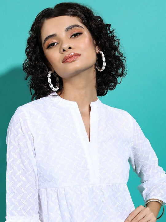 Vishudh White Embroidered Bell Sleeves Tiered A-Line Dress