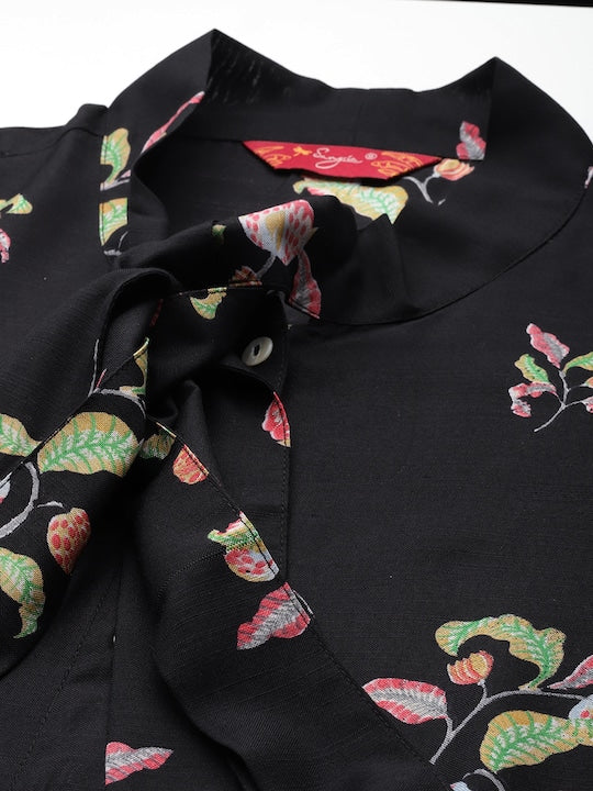 Sangria Floral Print Tie-Up Neck Kurta