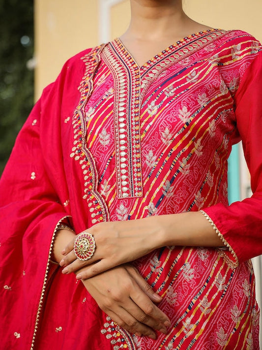 Scakhi Bandhani Printed Thread Work Pure Silk Kurta with Trousers & Dupatta