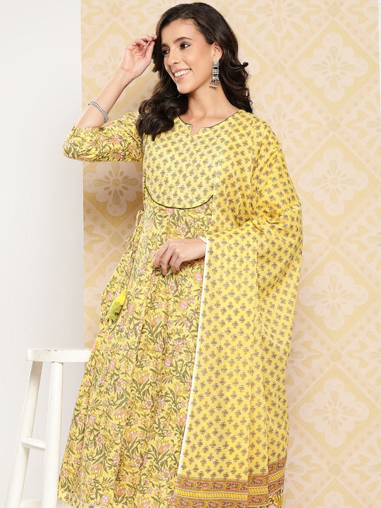 Yufta Floral Printed Anarkali Sequinned Pure Cotton Kurta with Trousers & Dupatta Yellow