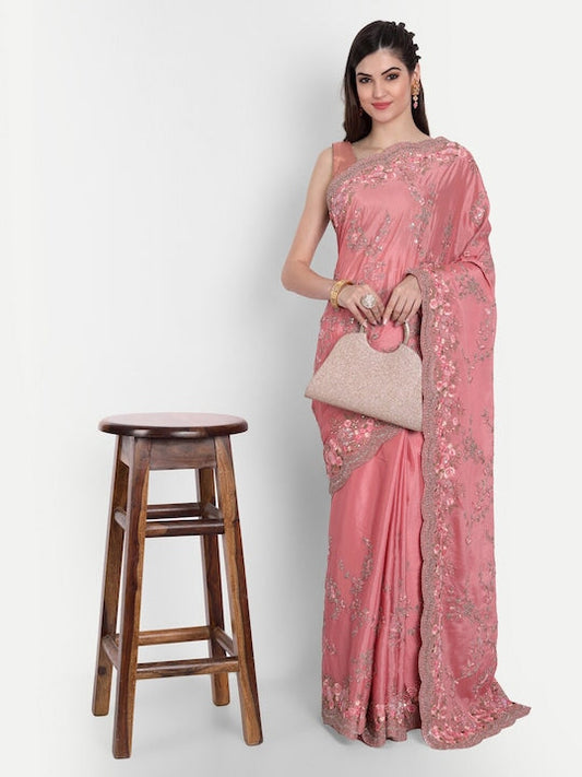 Kasee Pink & Green Floral Sequinned Pure Chiffon Saree