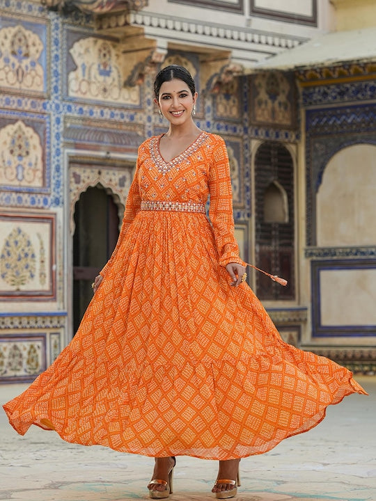 Scakhi Bandhani Printed Gathered Detailed Chinon Silk Maxi Ethnic Dress With Belt