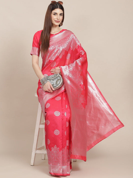 KSUT (House of Varanga) Pink Woven Design Banarasi Silk Saree With Blouse Piece