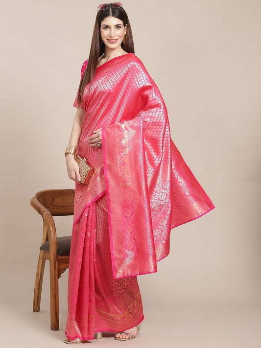 KSUT (House of Varanga) Pink Zari Woven Banarasi Silk Saree With Blouse Piece